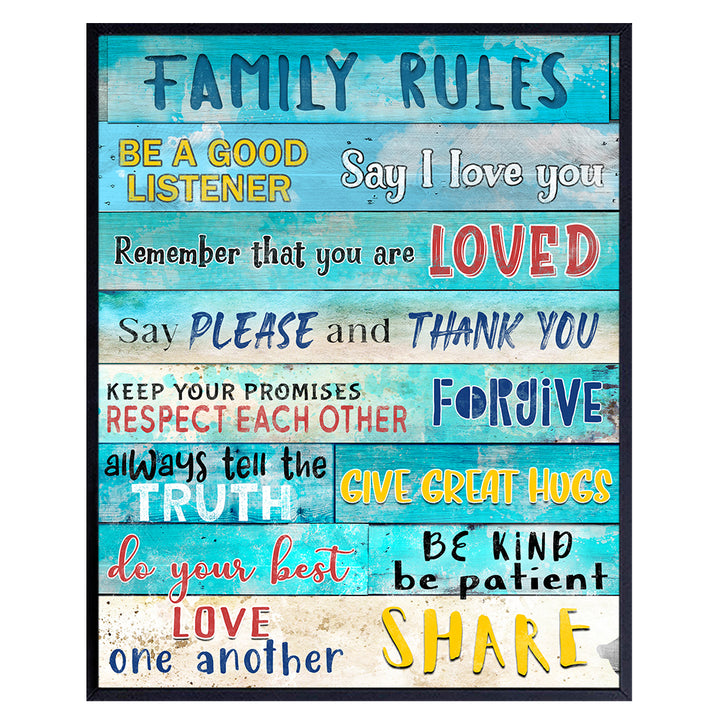 Family Wall Art - Family Rules - Positive Quotes Shabby chic Wall Art - Rustic Beach Wall Art print - Family Wall Decor - Inspirational Positive Quotes Wall Decor - Blue Beach Decor - 8X10 UNFRAMED