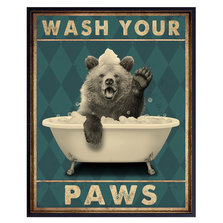 Wash Your Paws - Bear Wall Art - Funny Bathroom Decor for Women, Kids - Bathroom Pictures - Bath Wall Decor - Cute Bathroom Accessories - Powder Room - Wash Your Hands Restroom Sign - Butt Napkins