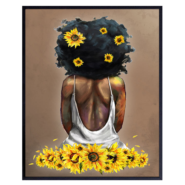 African American Wall Art - Black Wall Art - Sunflower Wall Decor For African American Woman, Girls - Black Girl Magic - Afro Girl - Black Art for Women - Melanin Queen - Black Pride - UNFRAMED 8x10