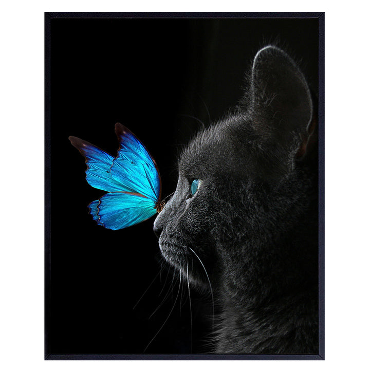 Cat Wall Decor - Butterfly Wall Decor - Blue Butterfly - Black Cat - Cat Gifts for Women - Cute Cat Poster - Cat Posters for Girls Bedroom - Cat Lover Gifts - Cat Wall Art - Butterfly Wall Art