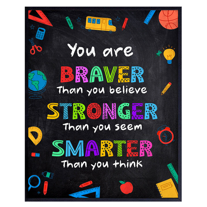 Classroom Wall Art & Decor - Back to School Wall Decor - Teacher Supplies - Inspirational Educational Motivational poster for Kids - Always Remember You Are Braver Than You Believe UNFRAMED 8x10