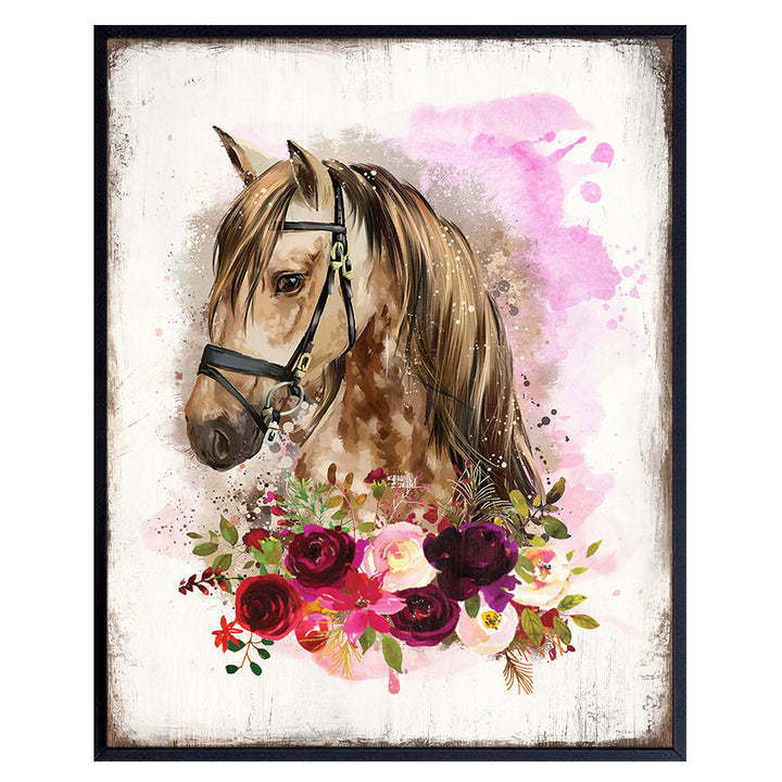 Boho Horse Wall Art & Decor - Rustic Farmhouse Barn Wall Decor for Girls Bedroom, Office, Living Room - Country Western Shabby Chic Decorations - Gift for Equestrian Women - Pink Pony Poster