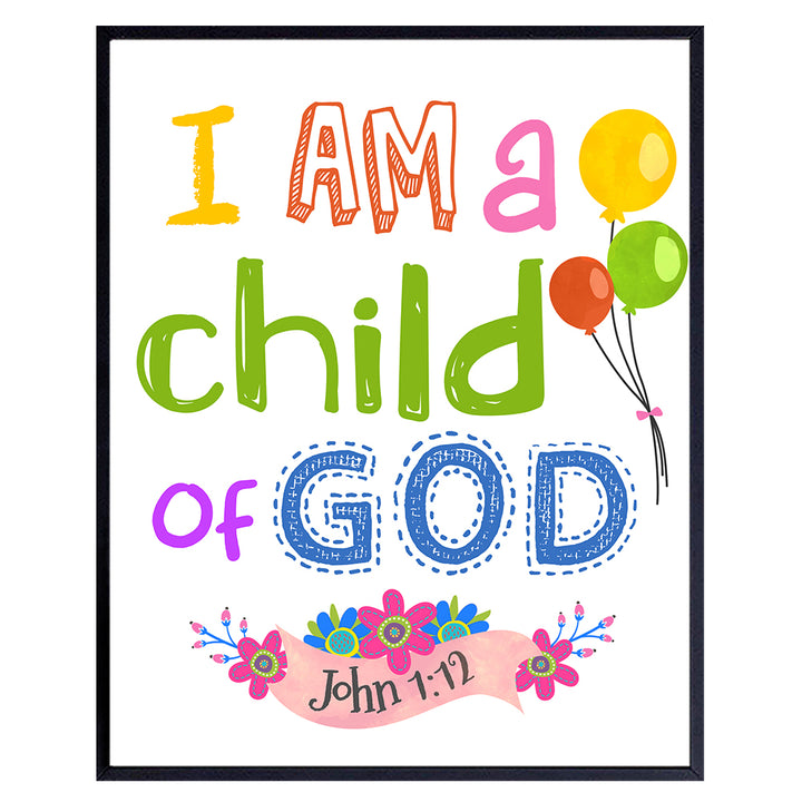 Child of God Scripture Decor - Christian Bible Verse Wall Art Poster for Nursery, Little Boys Room, Toddler Girls Bedroom - Religious Gifts for Kids - God Wall Decor - Positive Inspirational Quotes