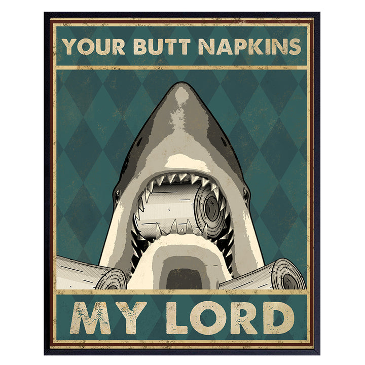 Bathroom Wall Art & Decor for Boys - Butt Napkins - Sharks Bathroom Wall Art - nautical Bathroom Decor - Beach Bathroom Decor - Funny Coastal Ocean Wall Art - Kids Bath decoration - Restroom Sign