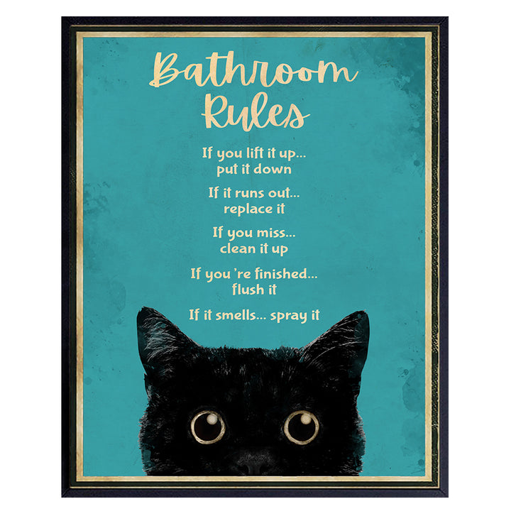 Funny Cat Bathroom Decor for Women, 11x14 - Bathroom Rules Wall Decor - Teal Bathroom Wall Art - Bath Wall Decor - Guest Bathroom - Powder Room - Restroom Sign - Blue Bathroom Decorations - Kitty