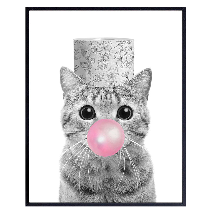 Cute Cat funny Bathroom Decor - funny Cat Bathroom Wall Art - small Bathroom Decor - Pink Bathroom Wall Decor - Tabby cat Wall Art for Cat Lovers, Cat Mom - Bathroom Sign Pictures Poster Accessories