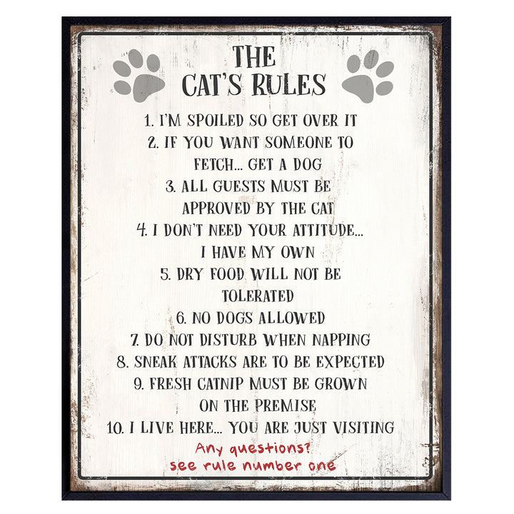 Funny Cat Wall Decor - Cat Lover Gifts for Women - Cats Rules Poster - Cat Wall Art - Cute Cat Home Decor - Kitty Cat Decorations - Cat Gifts - Cat Bathroom Decor - Rustic Cat Decor - 8x10