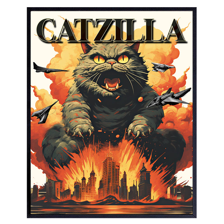 Funny Cats Wall Art & Decor - Catzilla - Black cat - Funny Cat Poster - Cat Gifts for Men, Cat Dad, Boys' Bedroom, Man cave Decor - Mens Cat Wall Decor - Horror Movie Poster - Japanese Wall Art Print