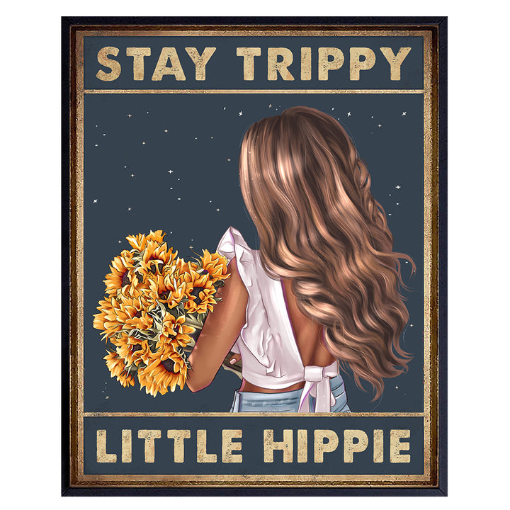 Trippy Wall Decor - Stay Trippy Little Hippie Wall Art - Boho Wall Decor - Bohemian Wall Art - Sunflower Home Decor - Women, Teen Girls Bedroom - Hippy Living Room Decor Poster Print - Positive Quotes