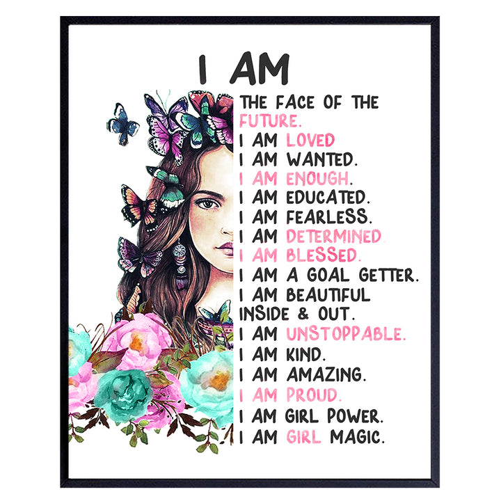 Positive Affirmations Bedroom Wall Art - Positive Quotes - I Am Tween Little Girls Room Decor Poster - Inspiration Daughter Gift - Inspirational Saying for Teen Girl - Yellowbird Art & Design 8x10