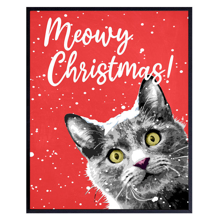 Meowy Christmas - Funny Black Cat Christmas Decorations - Xmas Decorations - Cute Christmas Wall Decor for Cat Lovers - Holiday Decorations - Holiday Home Decor - Unique Christmas Wall Art Poster