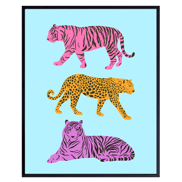 Blue Cheetah print Wall Art - Leopard Tiger Wall Decor - Living room Bedroom Decor for Women - Retro Minimalist Mid-century modern Wall Art - Preppy Room Decor Poster - Cute Aesthetic Indie Room Decor