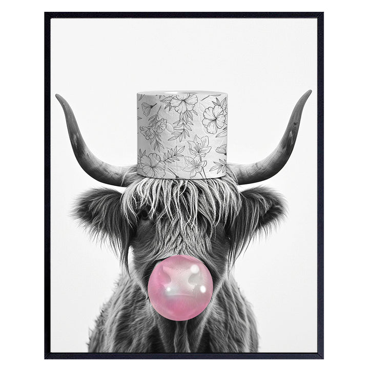 Cute Cow Bathroom Wall Art - Scottish Highland Cow Print - Black Gray Grey Pink Bathroom Wall Decor - funny Bathroom Pictures - Kids Bathroom Sign - Country Rustic Farmhouse Bathroom Accessories