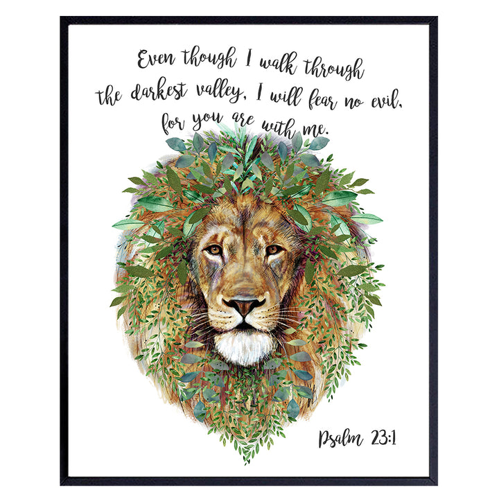 Christian Psalm 23 Bible Verse Wall Art Decor - Religious Scripture Bible Study Home Decoration - Inspirational Poster Print - Pastor Ordained Minister Motivational Gift for Men, Women, Boys - Lion