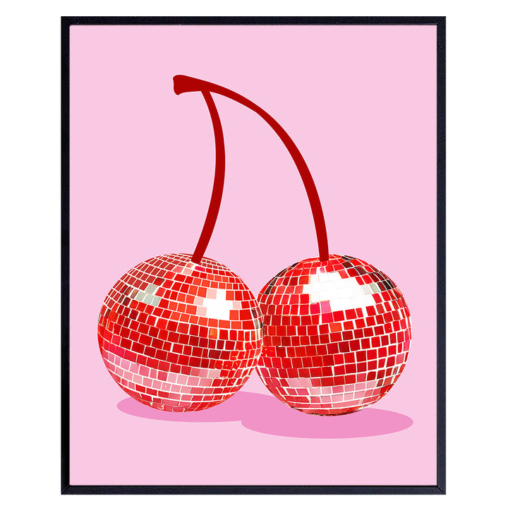 Disco Ball Cherry Decor - 70s 80s Wall Decor for Women Girls - Aesthetic Room Decor - Vintage Retro style Gallery Wall Art - Teen Room Decor - Preppy Trendy Funky Mid-century modern Living room Decor