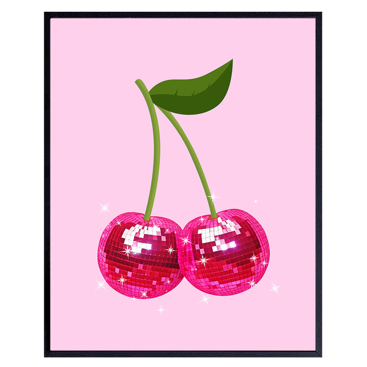 Trendy Retro Wall Art & Decor - Cherry Disco Ball Home Decor Poster - Pink Funky Living room Wall Art- Preppy Stuff Room Decor - Girls Bedroom Dorm Teen Room Decor- Indie Eclectic Wall Decor Aesthetic