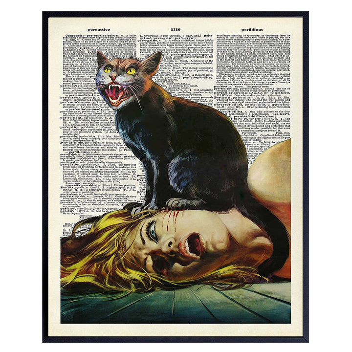 Cat Horror Movie Wall Art & Decor - Black Cat Decorations - Cat Themed Picture Prints - Creepy Gothic Goth Scary Movie Poster - Cat Lover Gifts for Women, Men - Funny Cat Lady Home Decor 8x10