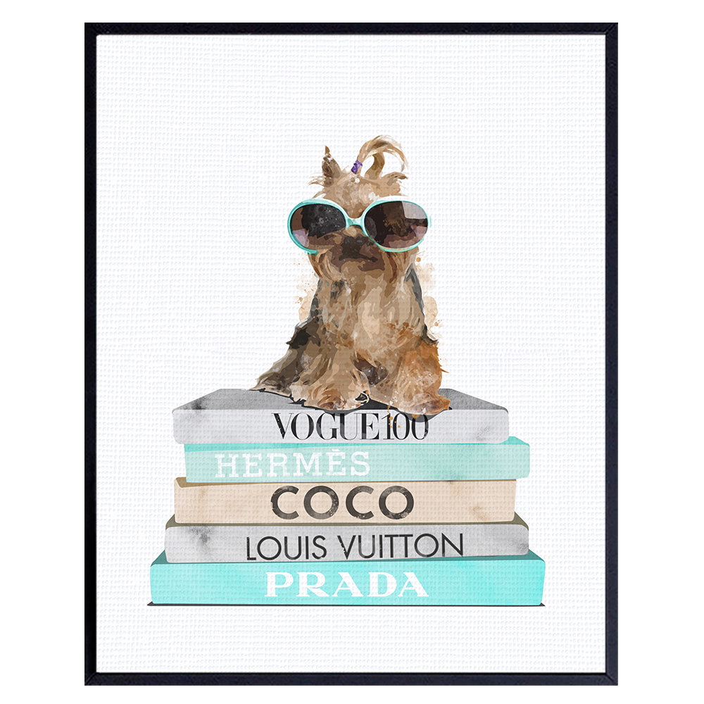 Fashion Wall Art for Yorkie Lovers - Luxury High Fashion Room Decor, Home Decoration for Bedroom, Bathroom, Living Room - Blue Glam Dog Wall Decor - Dog Lover Gifts for Women, Girls, Teens - Unframed