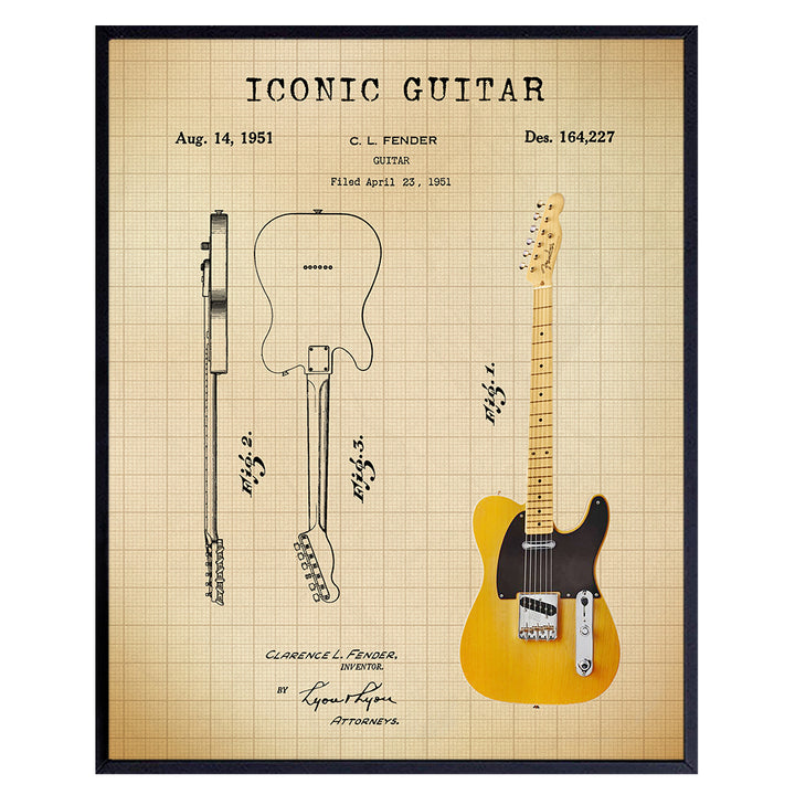 Guitar Patent Print - Iconic Guitar of Famous Musicians - Music Gift for Rock n Roll Fan, Musicians, Electric Guitar Player - Cool Wall Art, Home Decor Artwork Poster Picture - 8x10 Unframed