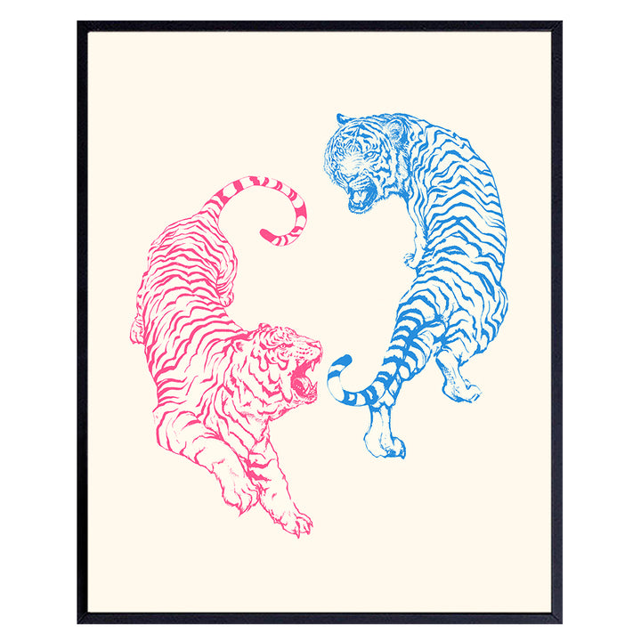 Tiger Wall Decor for Women - Trendy Funky Wall Art - Girls Bedroom Light Blue and Pink Minimalist Art - Mid-century modern - Modern art Room Decor - Japanese Style Contemporary art - Pop art Line art