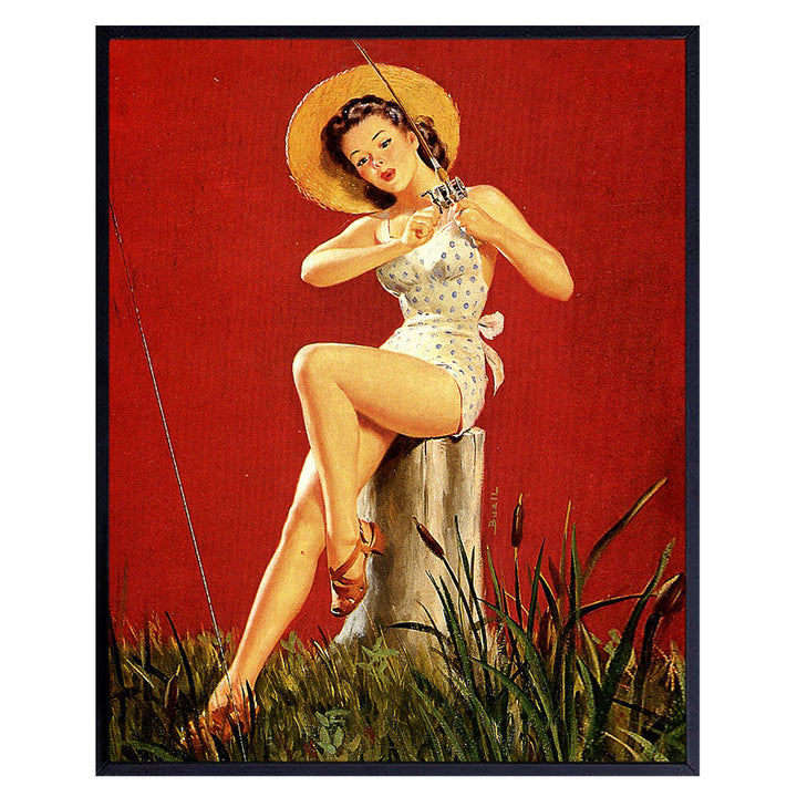 Pinup Girl - Fish Wall Art Poster - Fishing Fisherman Gifts for Men - Vintage Lake House Decorations - Funny Retro Freshwater, Saltwater, Fly Fishing - Beach House, Living Room, Bedroom Home Decor