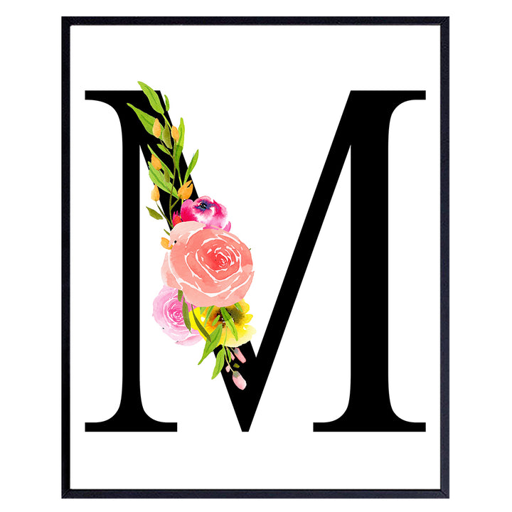 Letter M Initial Monogram Wall Decor - Floral Alphabet Art Home Decoration for Bedroom, Living Room, Bathroom, Office - Personalized Monogrammed Gift for Women, Girls, Teens - Pink Roses Sign