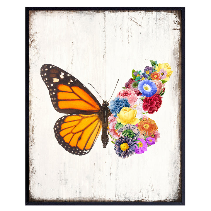 Butterfly Art Print - Boho, Bohemian Sign Plaque - Rustic Farmhouse Floral Wall Art Poster Print - Shabby Chic Home Decor Picture for Bedroom, Bathroom, Living Room - Gift for Women, Girls - Unframed