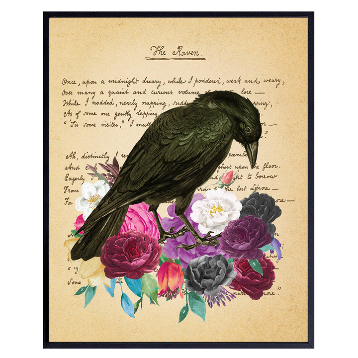 Edgar Allan Poe Gifts - The Raven - Gothic Living Room Decor - Medieval Decor - Wicca, Wiccan, Witchcraft, Occult - Goth Wall Art - Creepy Poster for Bedroom - Crow, Black Roses, Flowers Picture