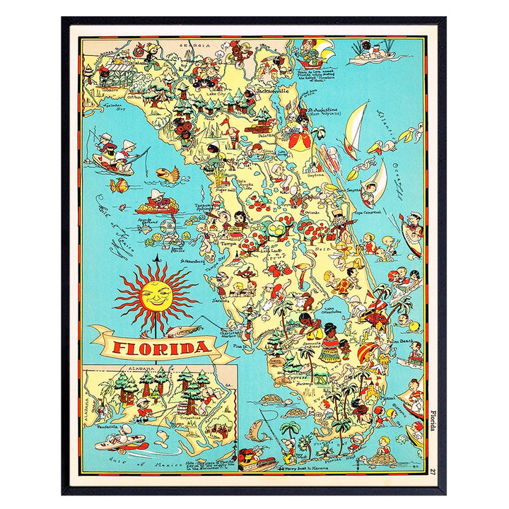 Map of Florida - Florida Tourism Tourist Map - 8x10 Sunshine State Travel Poster Postcard Wall Art Print - Unique Gift for Floridians - Vintage Retro Home Decor Picture - FL Beach House, Office