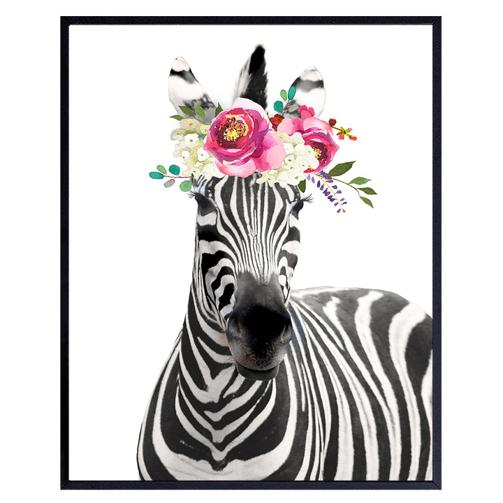 Zebra w/Flowers - Jungle Animal Floral Watercolor Wall Art Print Poster - Home Decor for Women, Girls, Teens or Kids, Room, Bedroom, Nursery - Cute Unique Baby Shower Gift - 8x10 Unframed