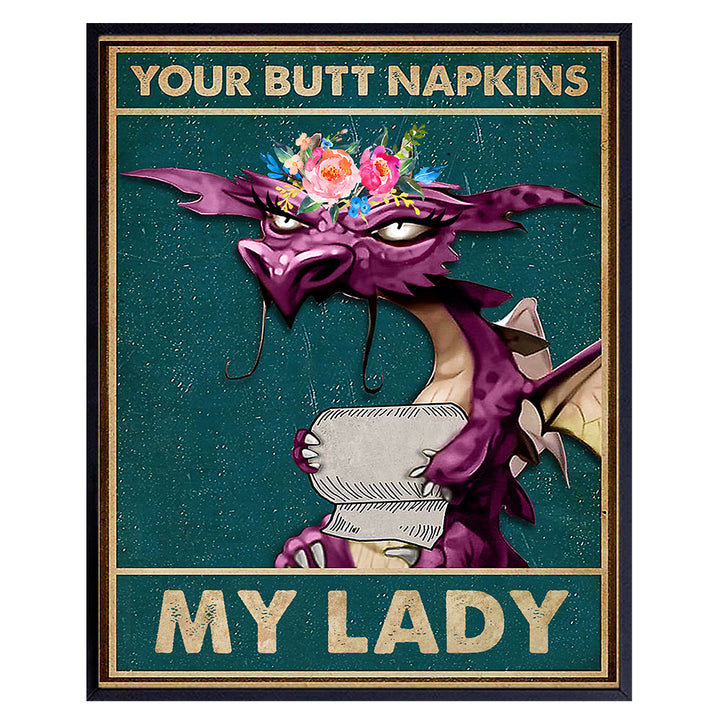 Butt Napkins - Gothic Bathroom Decor for Women - Dragon Decorations - Funny Bathroom Wall Art - Toilet Paper Wall Art - Restroom Sign - Bath Wall Decor - Goth Wall Art - Guest Bath - Powder Room Decor