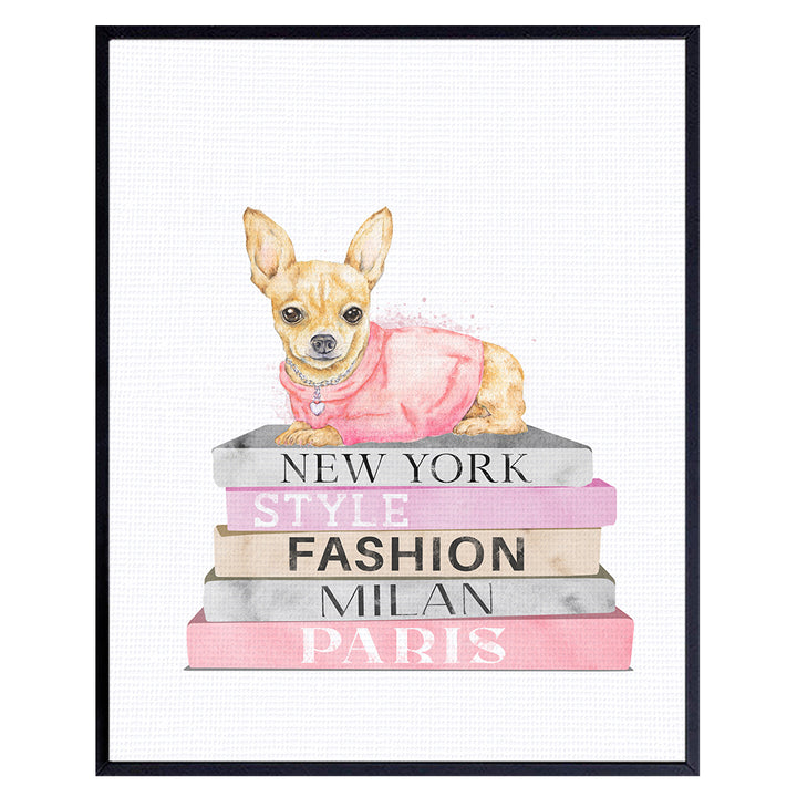 Glam Room Decor - Chihuahua Decor - High Fashion Design Wall Decor - Designer Wall Art for Women, Girls - Glamour Wall Decor - Luxury Haute couture Gifts - Pink Yellowbird Art & Design Dog Poster