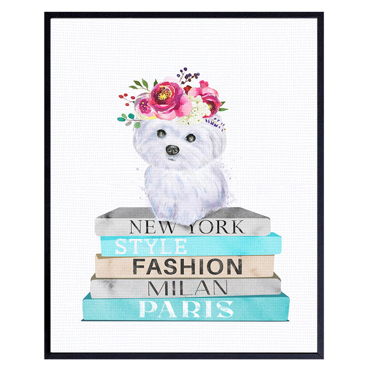 Puppy Dog Wall & Decor - High Fashion Designer Wall Decor - Dog Lover Gifts - Fashion design Glam Wall Art Poster - Cute Blue Bedroom Decor - Glamour Luxury Haute couture Wall Art - Maltese dog 8x10