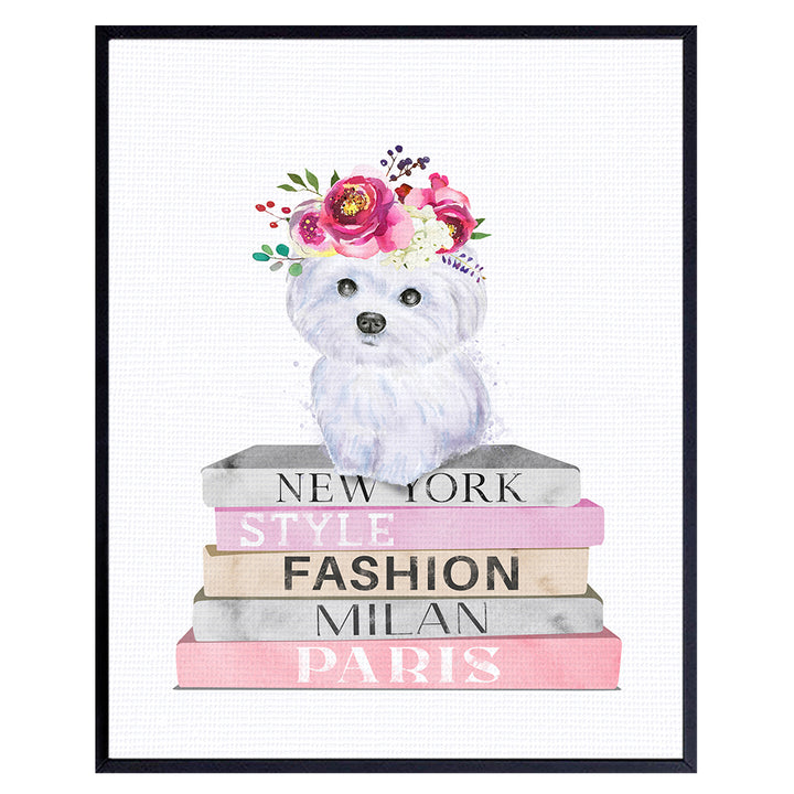 Maltese Puppy - Dog Wall Decor - Puppy Wall Decor - Glam High Fashion design Wall Art - Dog Lover Gifts - Cute Dog Wall Art - Designer Wall Decor - Glamour Haute couture Pink Wall Art