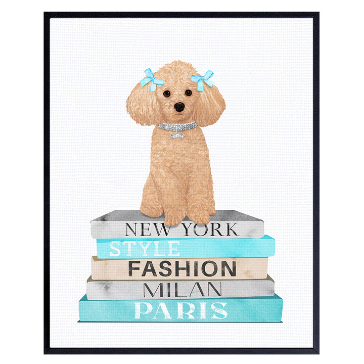 Fashion Dog Wall Art & Decor - Blue Designer Wall Decor - Fashion design Living room Girls Bedroom Decor - Cute Dog Lover Gift Puppy Dog Poodle decoration - Haute couture Fashionista Wall Art Poster