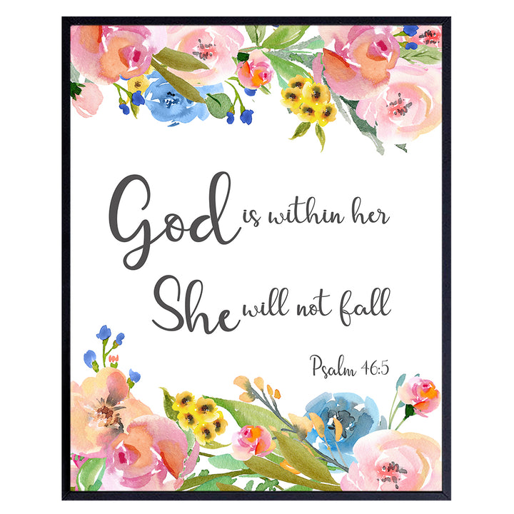 Psalm 46 - God is Within Her She Will Not Fall - Positive Quotes Wall Decor - Motivational Posters - Inspirational Christian Wall Art - Bible Verse Scripture Decor - Gift for Religious Women, Girls