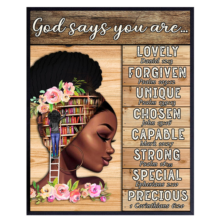 African American I Am Decor - Black Wall Art - Catholic Christian Religious Gifts for Women - God Says You Are - African American Girls - Inspirational Scripture - Motivational Spiritual Bible Verses