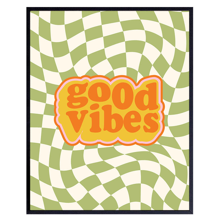 Good Vibes Motivational Wall Art - Vintage Retro Boho Wall Decor - 70s Inspirational Poster - Chic Funky positive Quotes - Eclectic Groovy Hippie Home Decor - Cute Preppy Trendy Aesthetic Room Decor