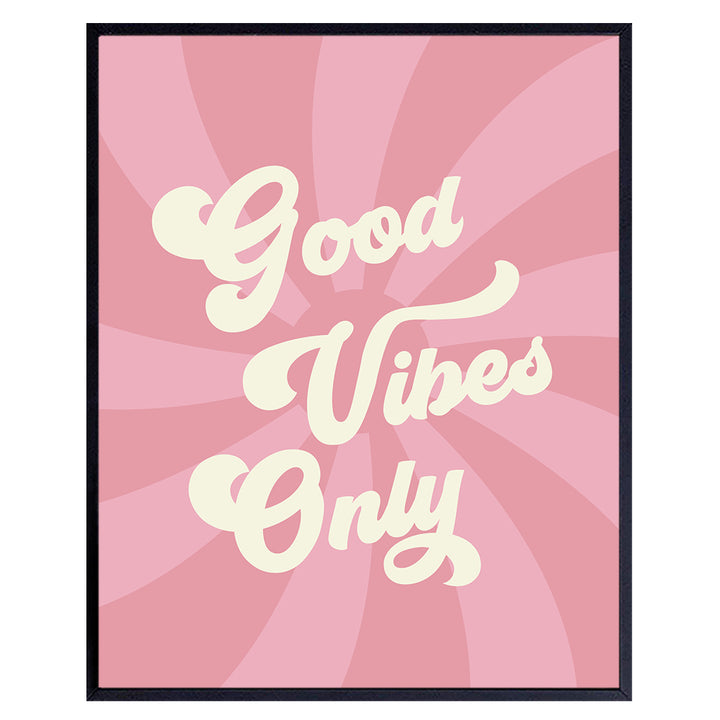 Yellowbird Art & Design Good Vibes Only Wall Art - Good Vibes Sign - Hippie Trippy Home Decor - Pink 60's Retro style Wall Art Poster - Happy Quotes Wall Decor - Hippie Wall Art - Aesthetics Wall Art