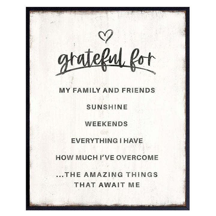 Grateful Family Wall Art - Rustic Farmhouse Decor - positive Quotes Wall Decor for Women - Shabby chic Bedroom Decor, Boho Living room Decor - Inspirational Wall Decor, Motivational Country Home Decor