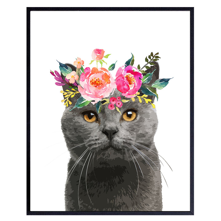 Gray Cat Wall Decor - Cat Lover Gifts for Women - Adorable Floral Kitten, Kitty Wall Art Poster - Cute Girly Room Decoration for Girls Bedroom, Kids Room, Living Room, Baby Nursery - Grey Cat