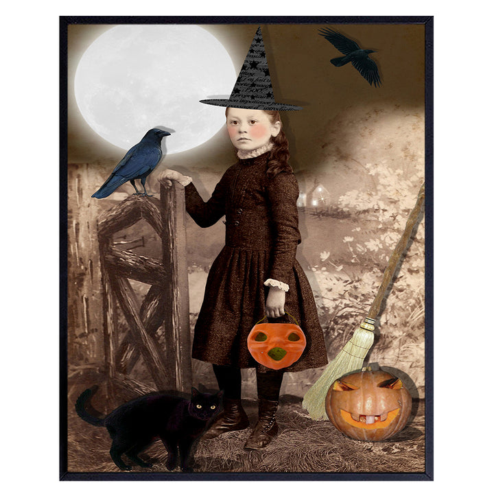 Halloween Witch Wall Art & Decor - Black cat Wall Art - Witchy Room Decor - Wicca Wiccan Pagan Wall Art - Goth Wall Art Poster - Full moon Raven Crow Jack-o'-lantern decoration - UNFRAMED 8x10