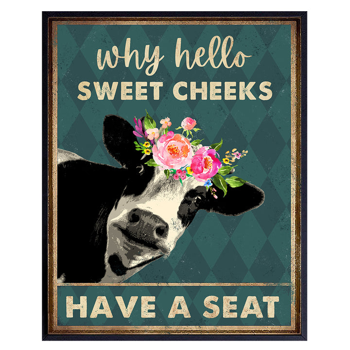 Hello Sweet Cheeks Bathroom Sign - Cow Bathroom Decor - Bathroom Wall Art Pictures - Cute Bathroom Accessories - Funny Bathroom Poster - Bath Wall Decor - Guest Bathroom - Powder Room