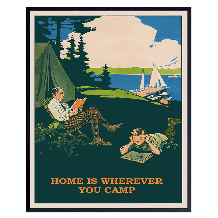 Lake House Boys Room Decor - Camping Wall Decor - Retro Style Vintage Art - Summer Home, Cabin Decor - Kids Art - Boys Bedroom, Nursery, playroom - Dark Green Wall Art for Men - Father Son Gifts