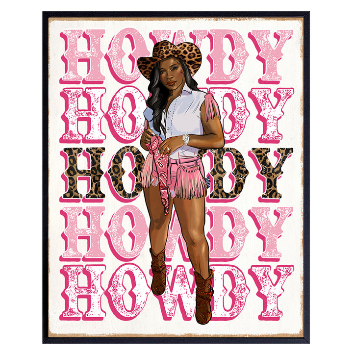 Black women Cowgirl Wall Art - Preppy Pink Room Decor for Black Girl, Teens - Country Rustic Western Wall Decor for Women - Trendy Howdy Sign for African Americans - Black Art Aesthetic Room Decor