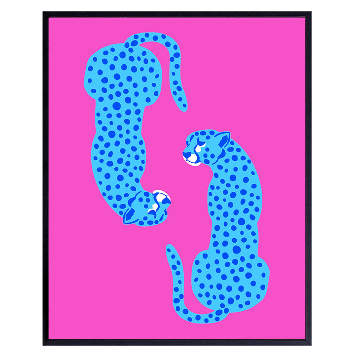 Mid-century Modern Aesthetic Cheetah print Wall Art - Minimalist Wall Art - Pink Blue Indie Preppy Room Decor Poster - Living room Bedroom Decor for Women Woman - Leopard Wall Art & Decor - UNFRAMED