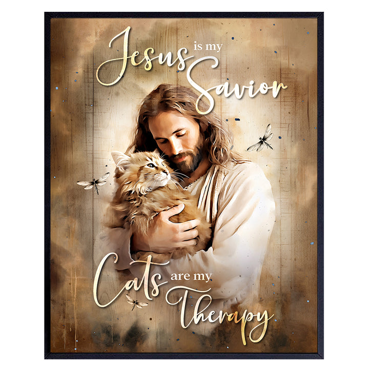 Christian Decor, Cat Wall Art & Decor - Jesus Christ, Cat Lover, Cute Cat, Christian Poster - Christian Gifts for Girls, Cat Mom - spiritual Religious art Christian Quote- Rustic Farmhouse Home Decor