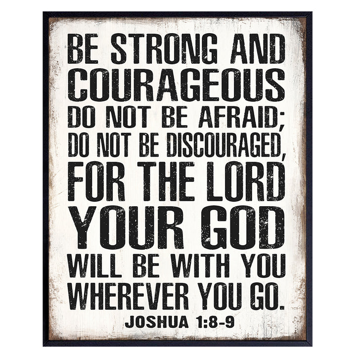 God Scripture Wall Art & Decor - Be strong and Courageous masculine Christianity - Religious Gifts for Men - Christian Gifts for Men - Catholic Gift for Men - Inspiration Motivation Sign - Joshua 1 9