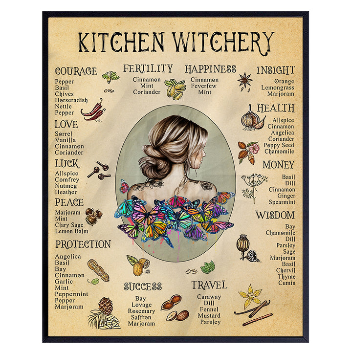 Kitchen Witches Wall Art & Decor - Boho Witchy Poster - Pagan Wiccan Halloween Art - Black Magic Room Decoration - Wicca Gifts for Women - Witchery Sabbat Grimoire Sign - Magical Spells Picture