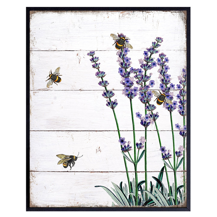 Rustic Bee Decor - Farmhouse Wall Decor - Lavender Wall Decor - Boho Country Decor - Bohemian Wall Art for Bedroom, Living Room, Home Office - 8x10 Picture Poster Print - Wall Decor for Women